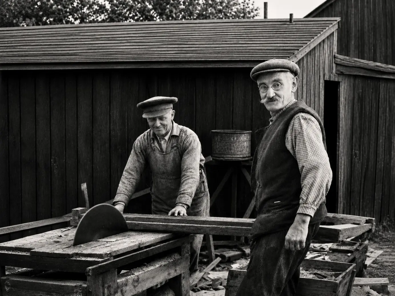 Svartvitt foto på Mattias farfar och farfars far som sågar virke