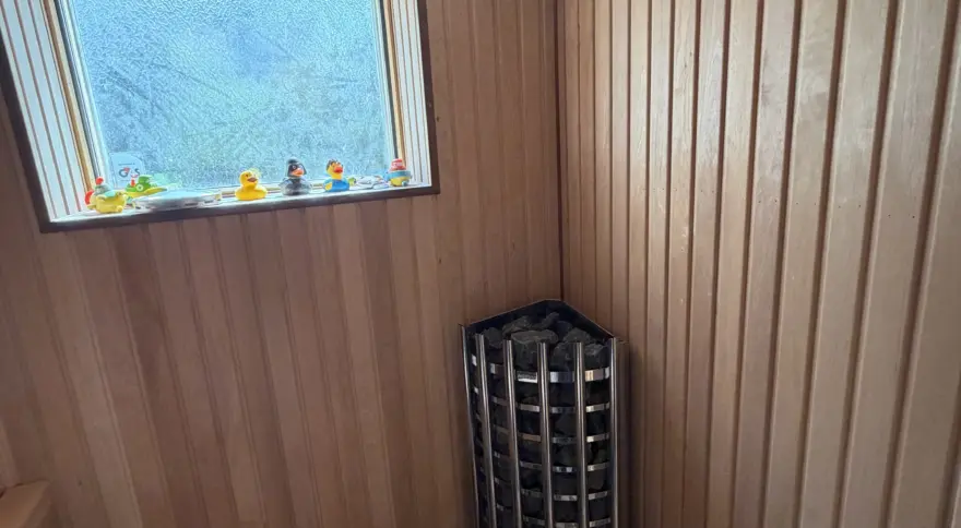 Bastu med träpanel och bastuaggregat