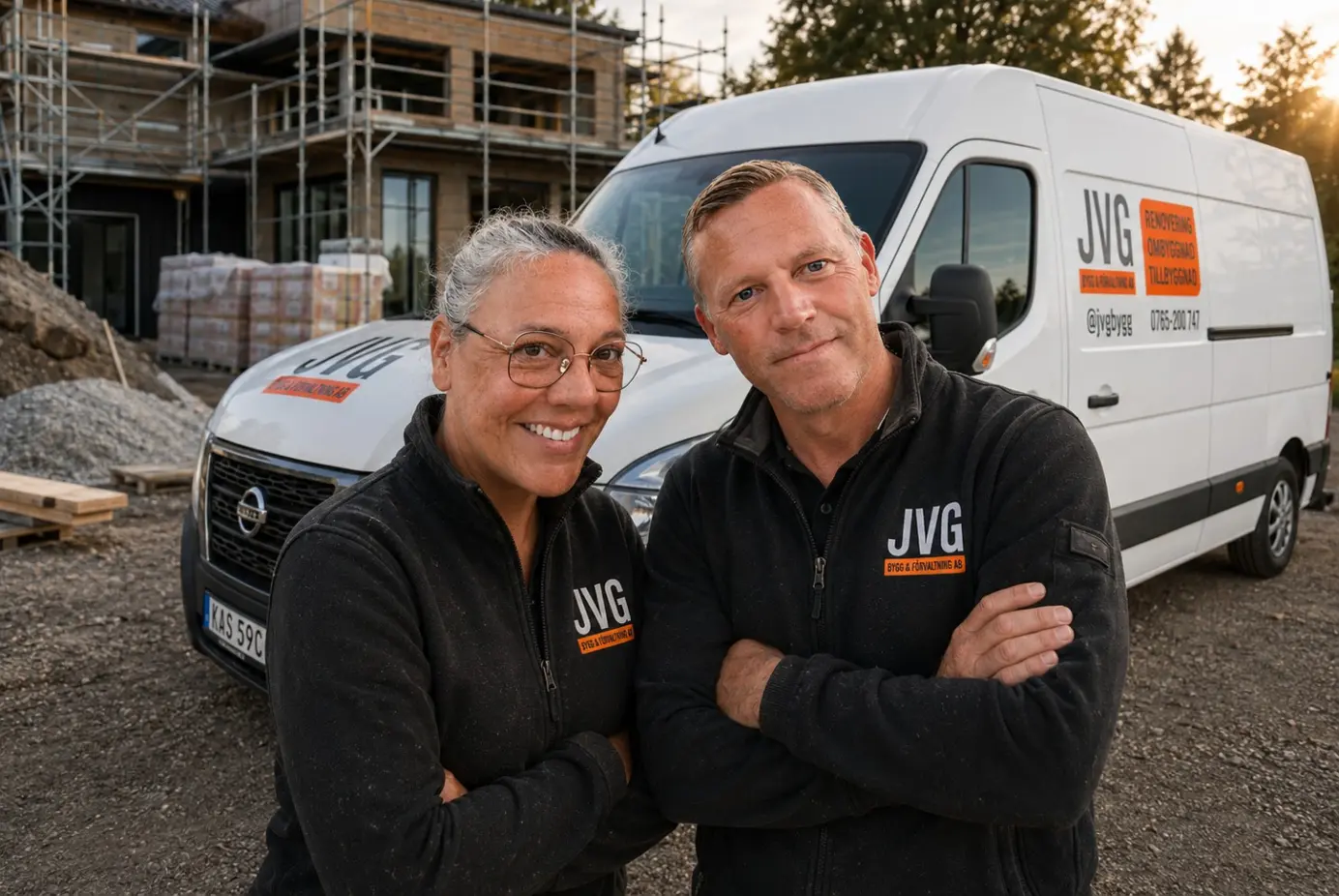 Madeleine och Mattias Johansson framför en JVG-bil